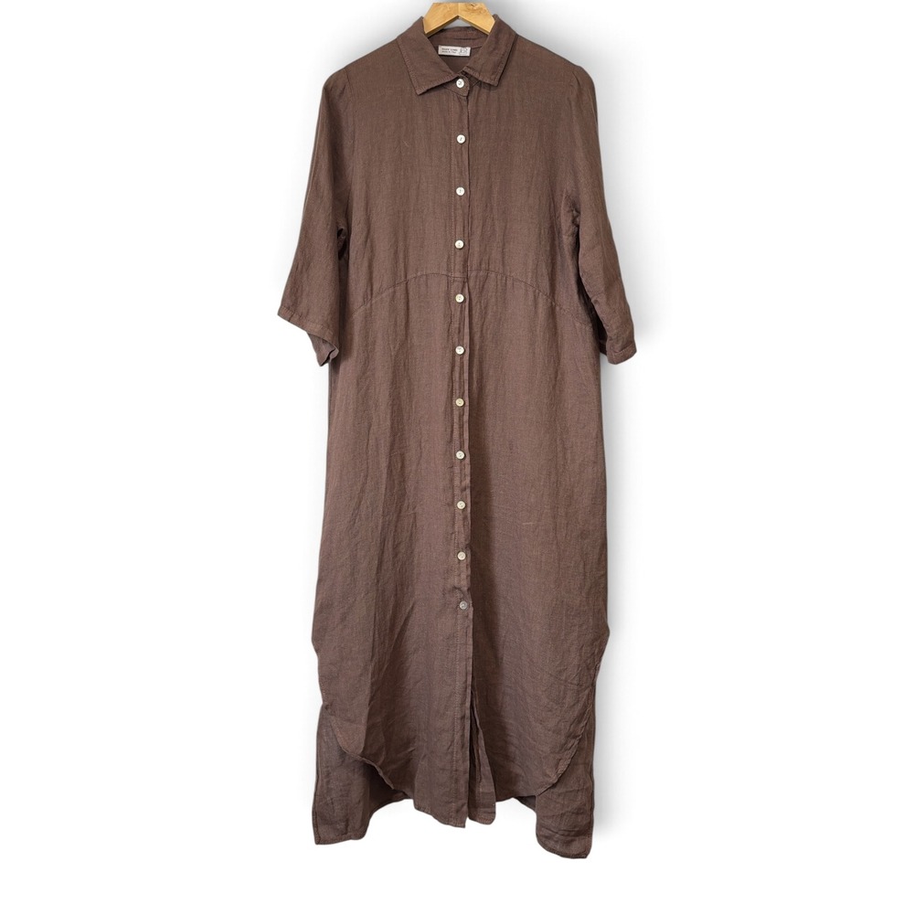100% Lino Made in Italy Brown Linen Shirt Dress Roll Tab Sleeve High Low Midi